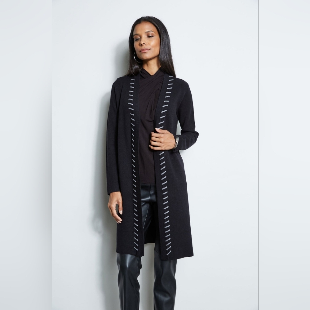 T-Tahari Ultra-Soft Long Grey Cardigan with Black Stitch Detailing Large EUC
